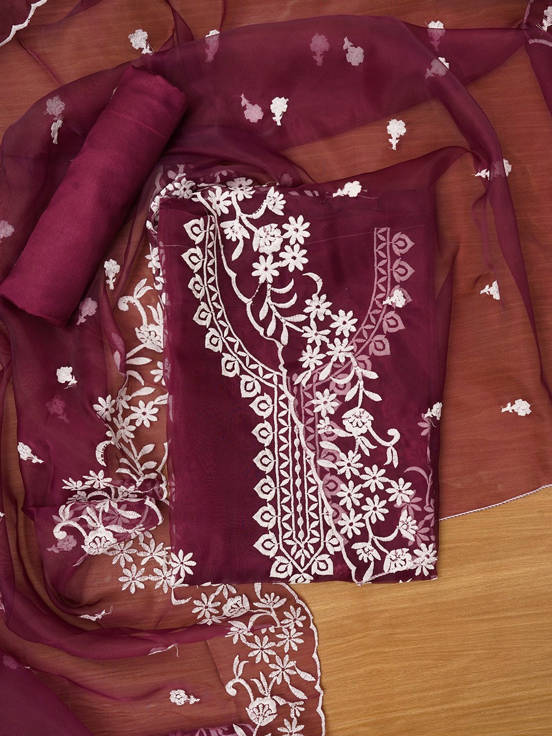 Magenta Floral Embroidered Organza Dress with Dupatta