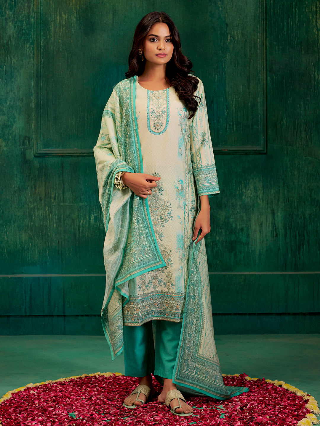 Sea Green Hand Embroidered Printed Kurta Set With Dupatta