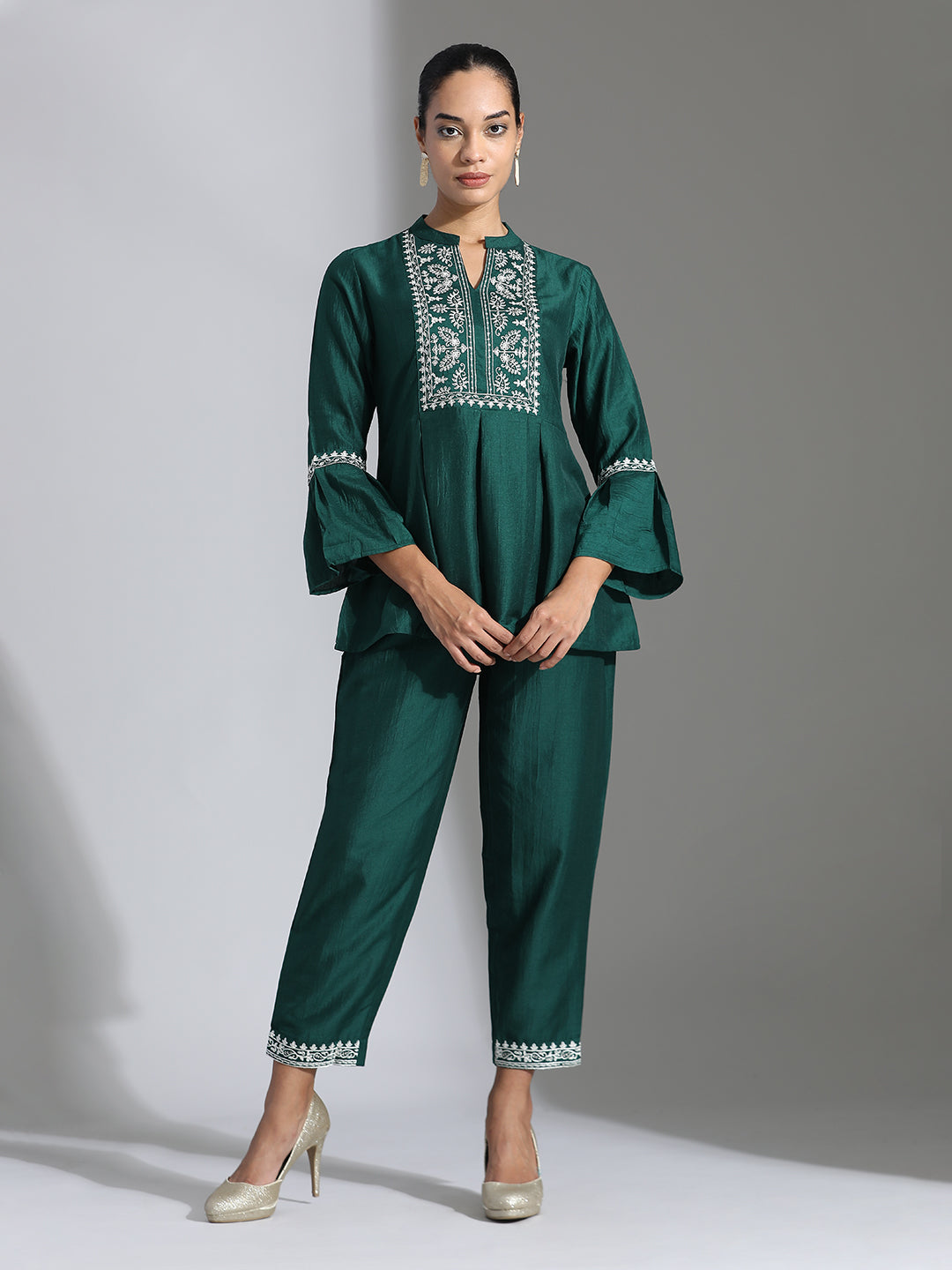 Dark Green Chinon Floral Embroidered Top With Trousers Co-ord Set