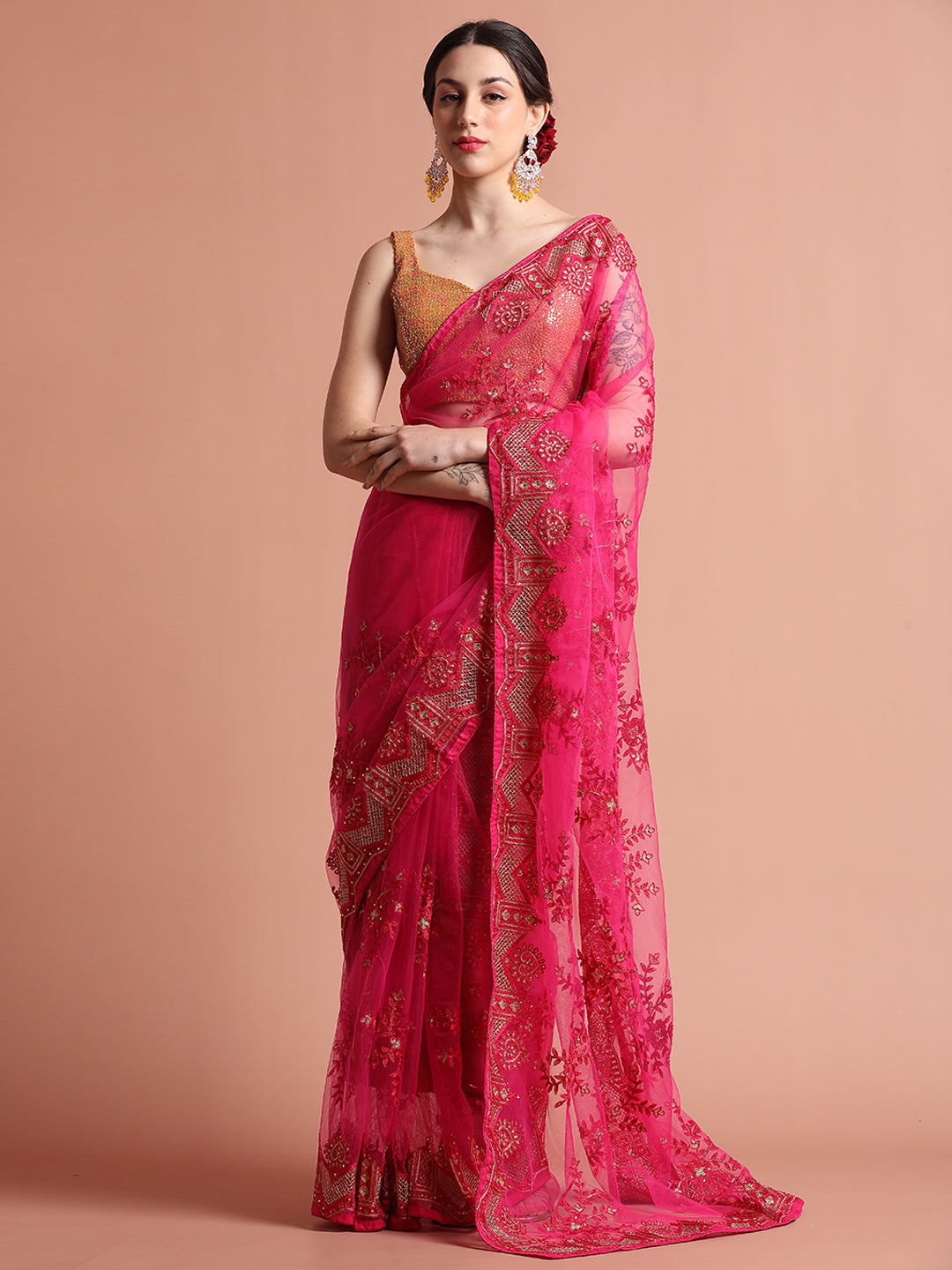 Pink Floral Embroidered Net Party Wear Saree