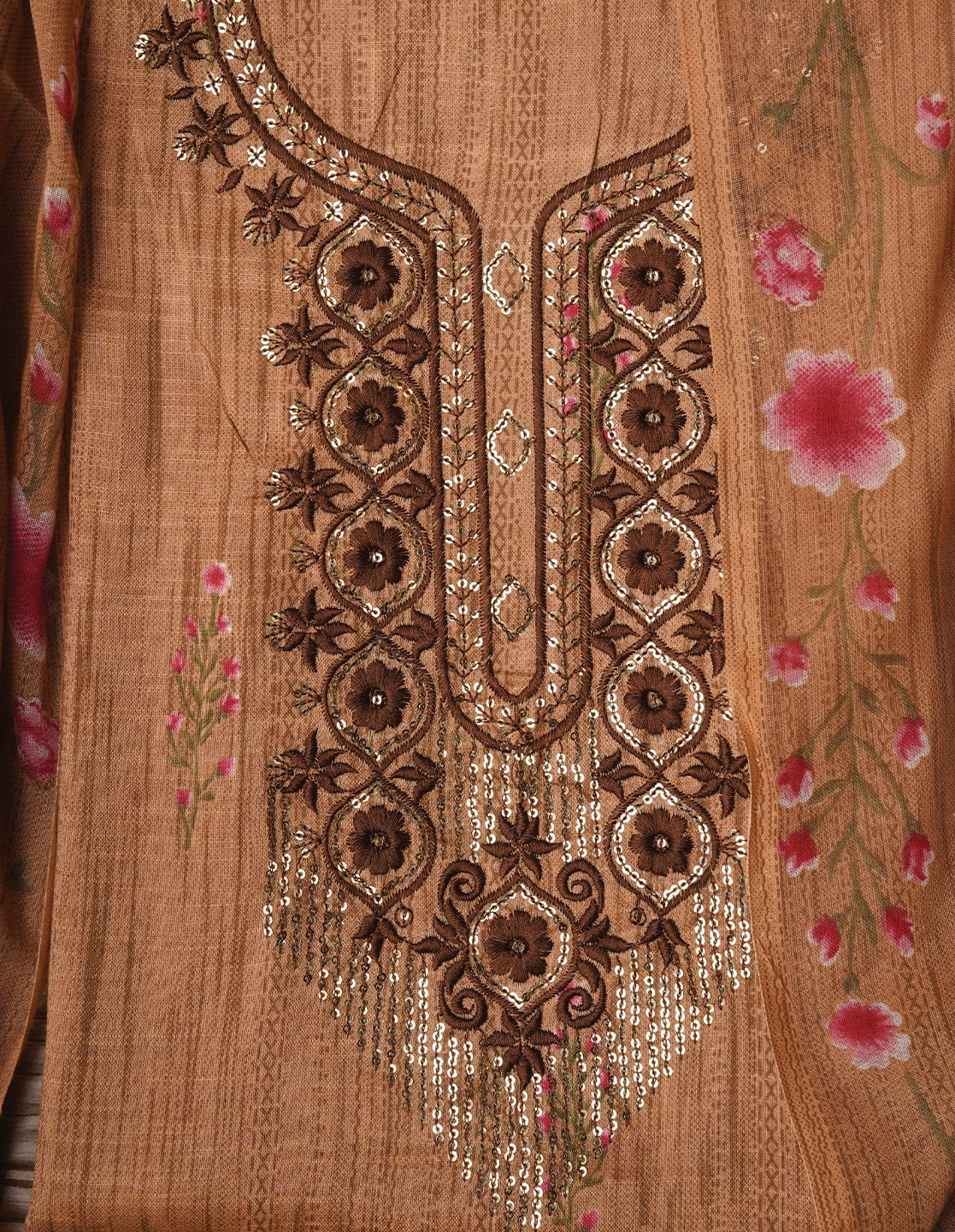 Beige Embroidered Pure Cotton Dress Material with Dupatta