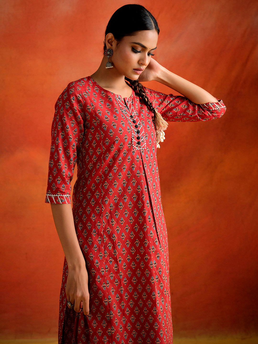 Rust Red Ethnic Motif Printed Straight Kurta With Palazzo