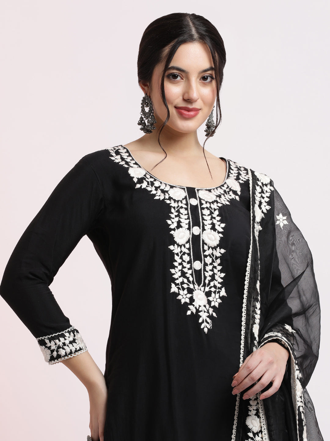 Black Floral Embroidered Festive Kurta Set With Dupatta