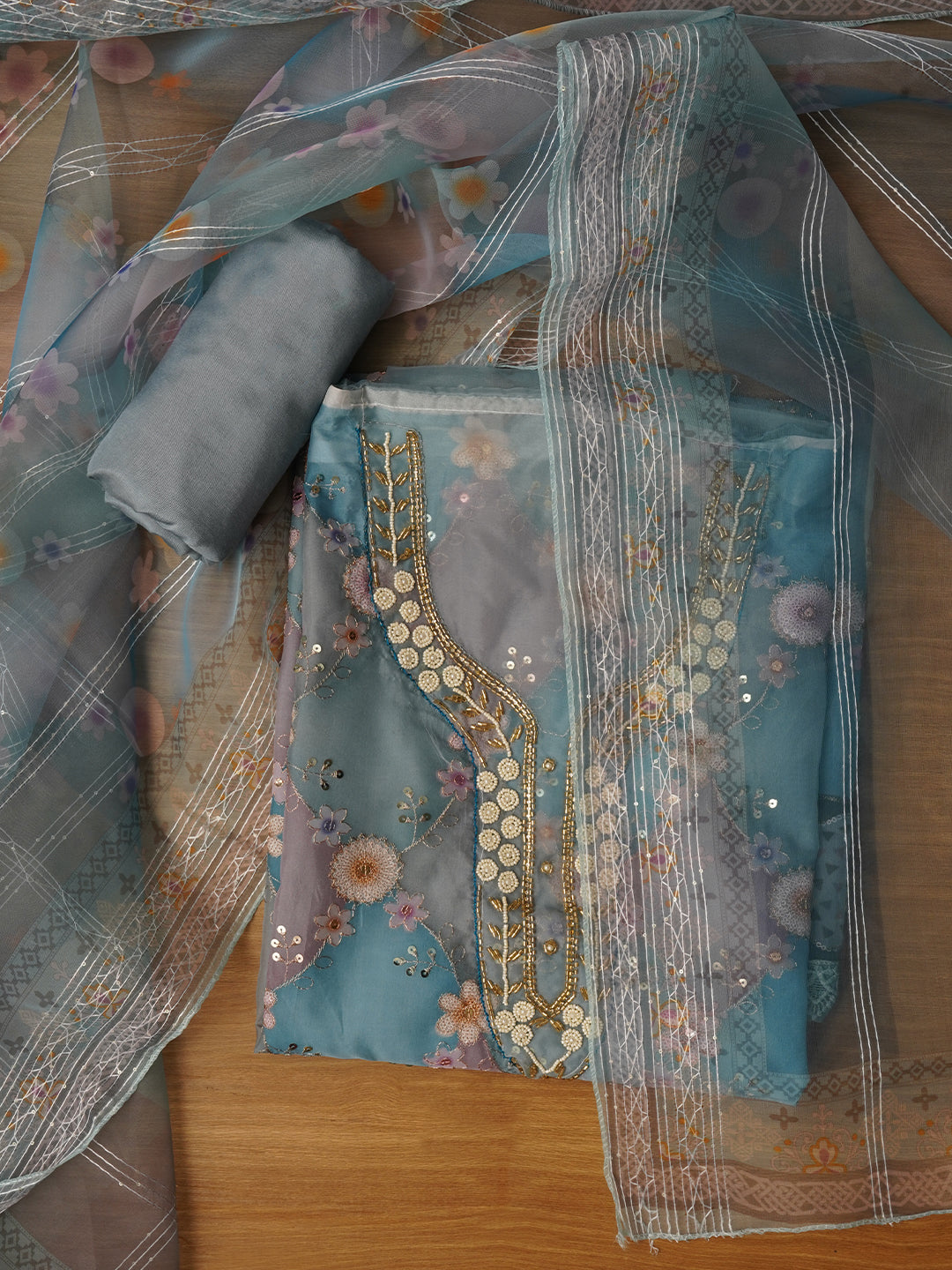 Blue Sequin Embellished Organza Dress Material with Dupatta