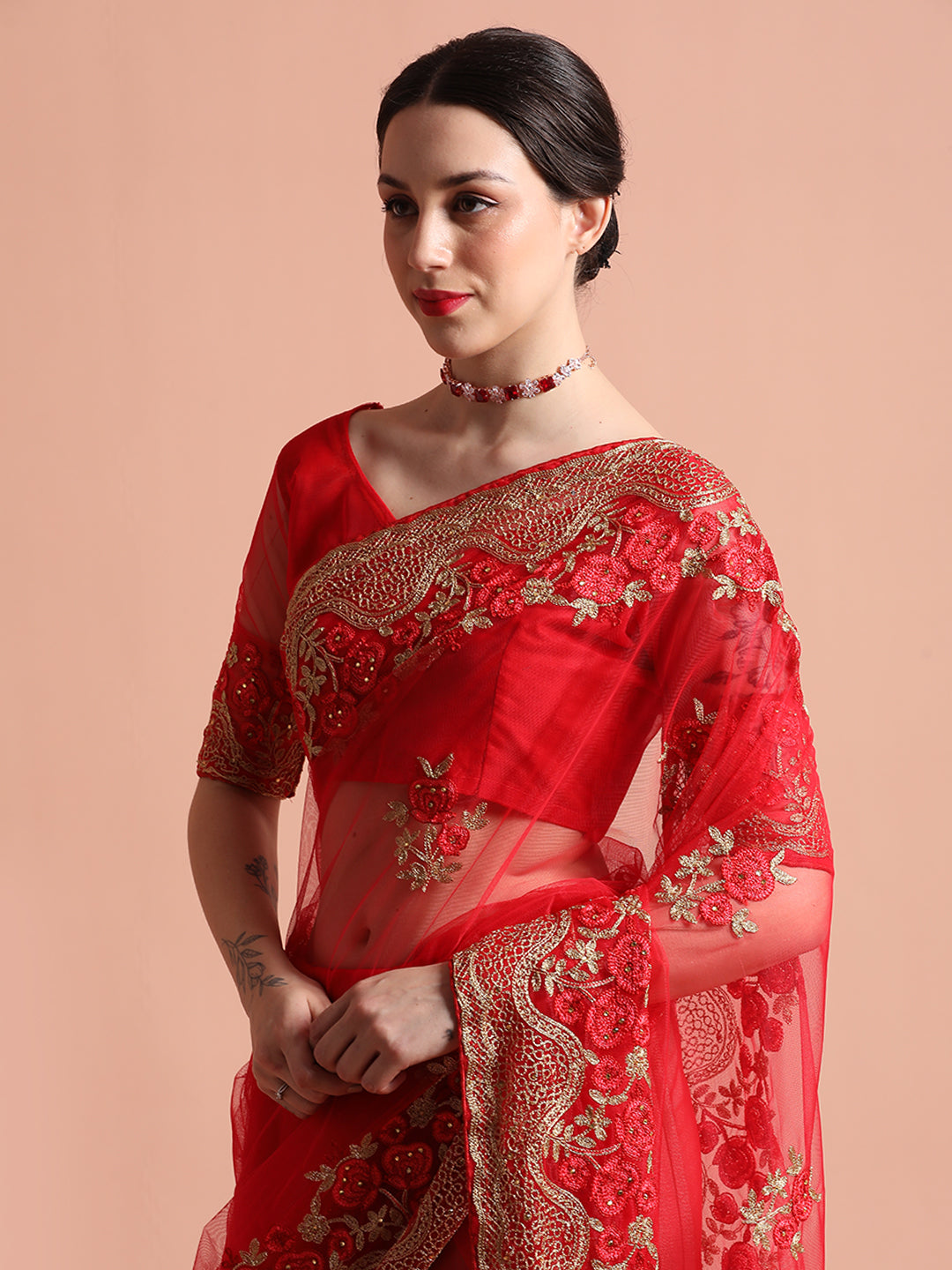 Floral Embroidered Net Party Wear Red Saree