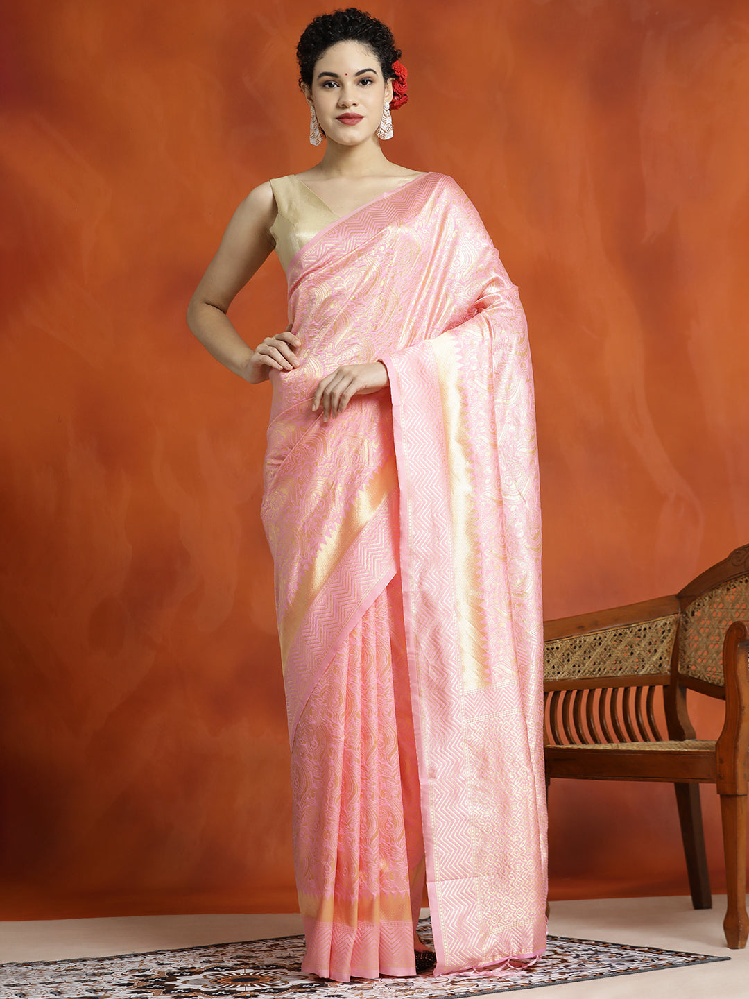 Baby Pink Heavy Banarasi Zari Woven Silk Blend Saree