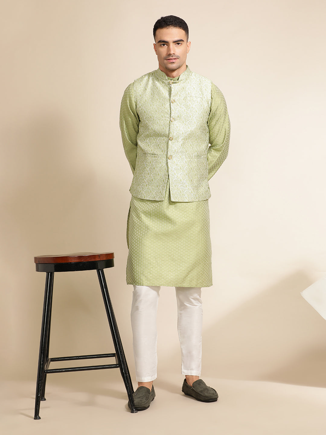 Mehandi Green Festive Kurta With Printed Nehru Jacket Set