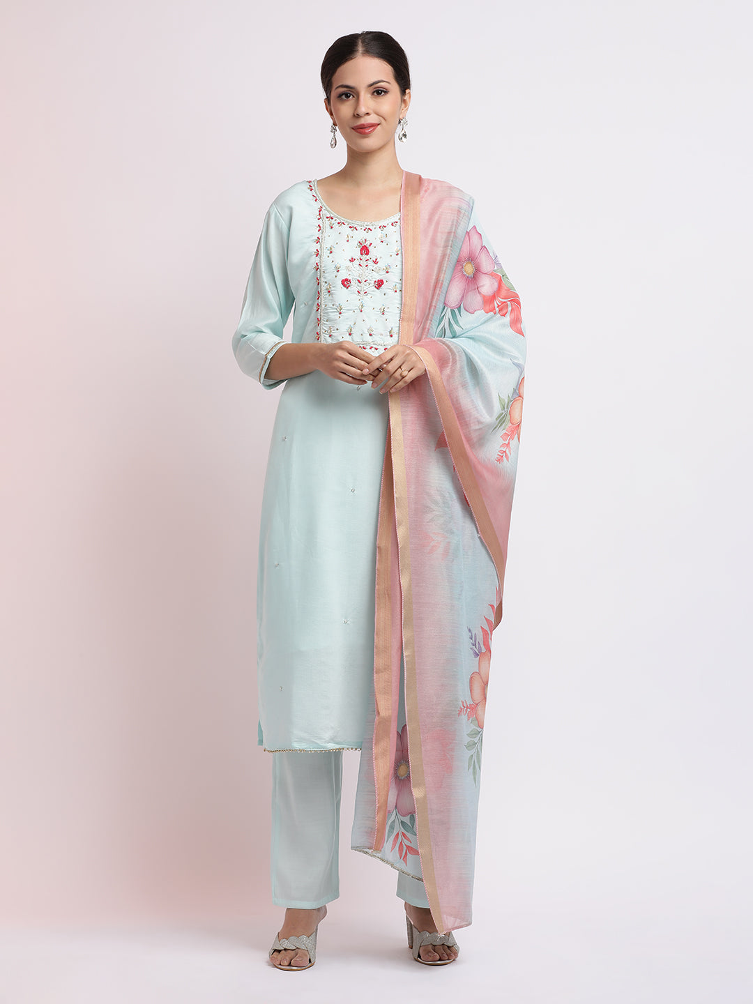 Sea Green Embroidered Cotton Blend Kurta Set With Dupatta