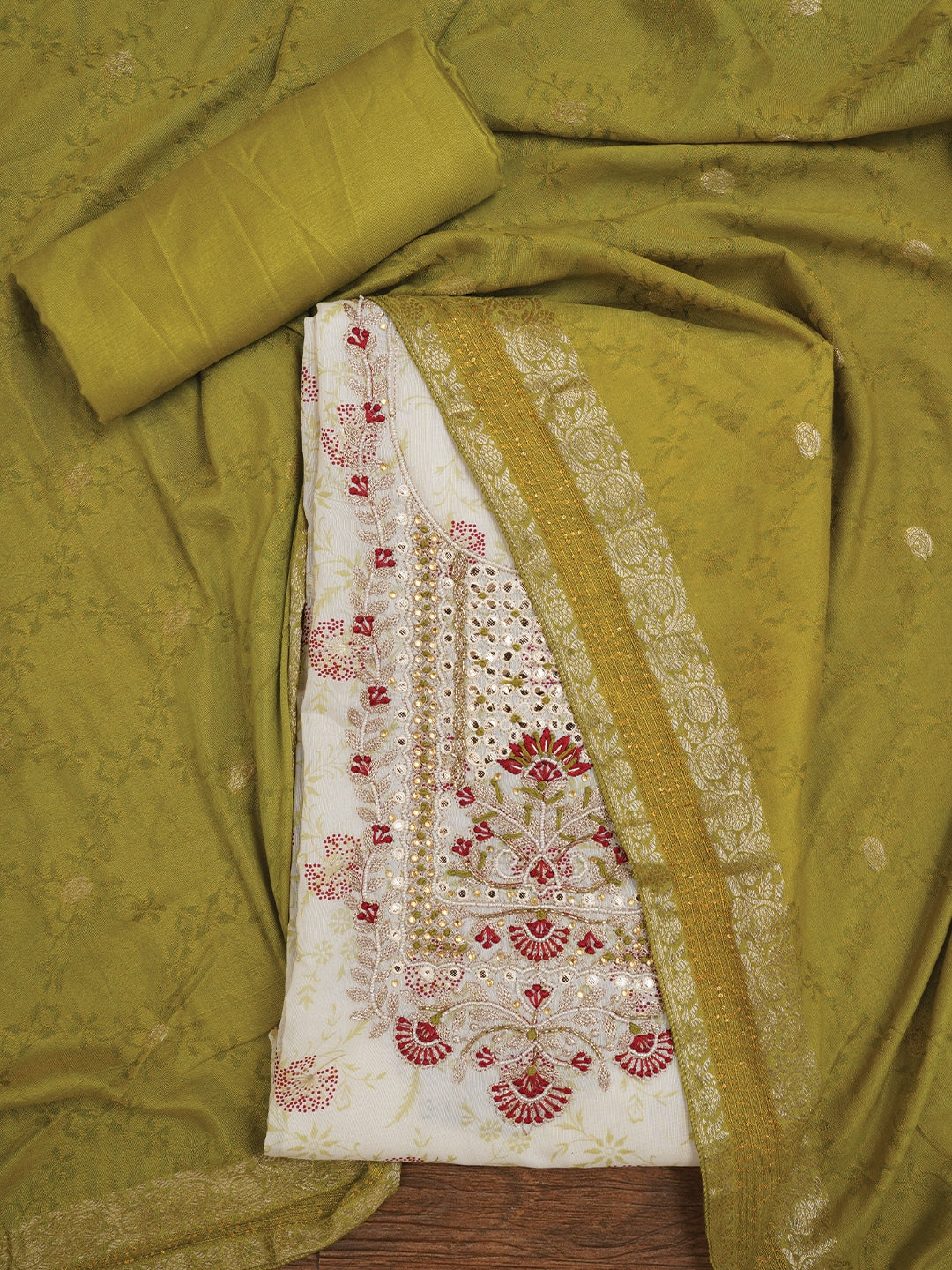 Festive Off White Silk Blend Zari Woven Dress Material With Dupatta