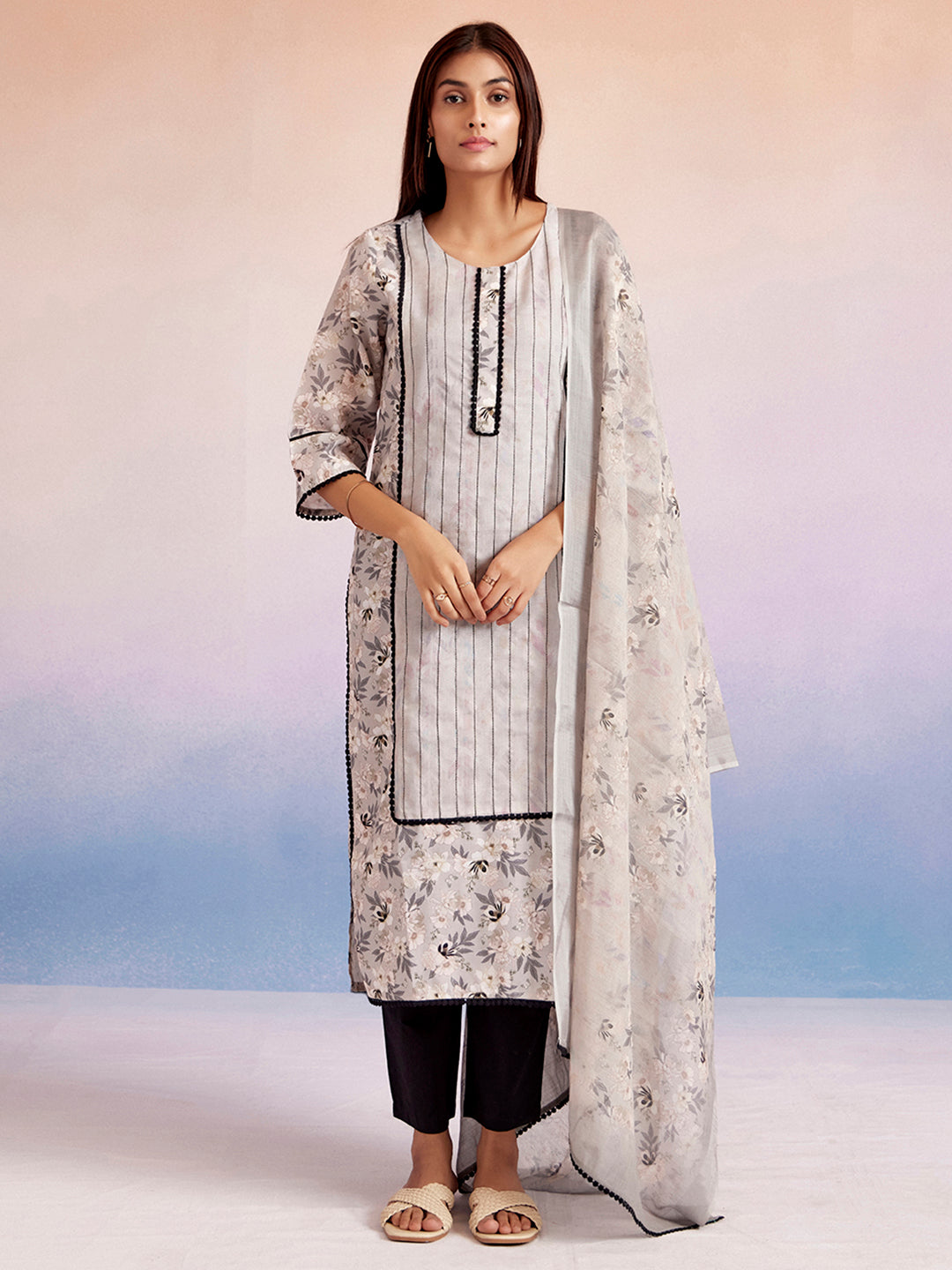 Beige Floral Printed Kurta Set With Dupatta