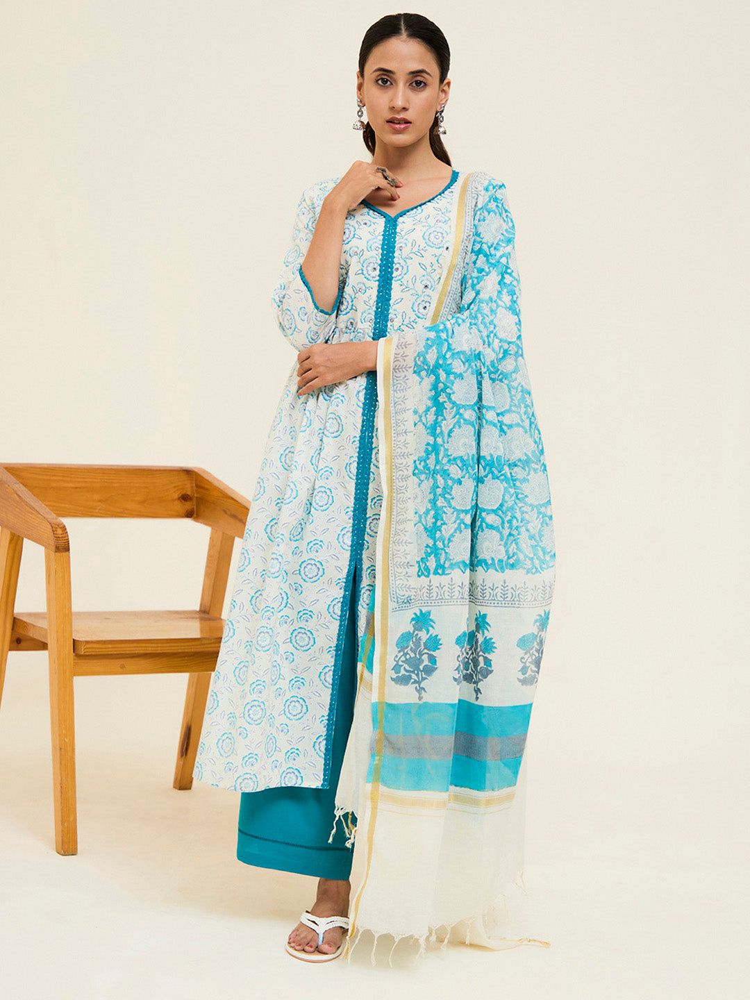 Turquoise Cotton Handblock Printed Kurta With Palazzo And Dupatta