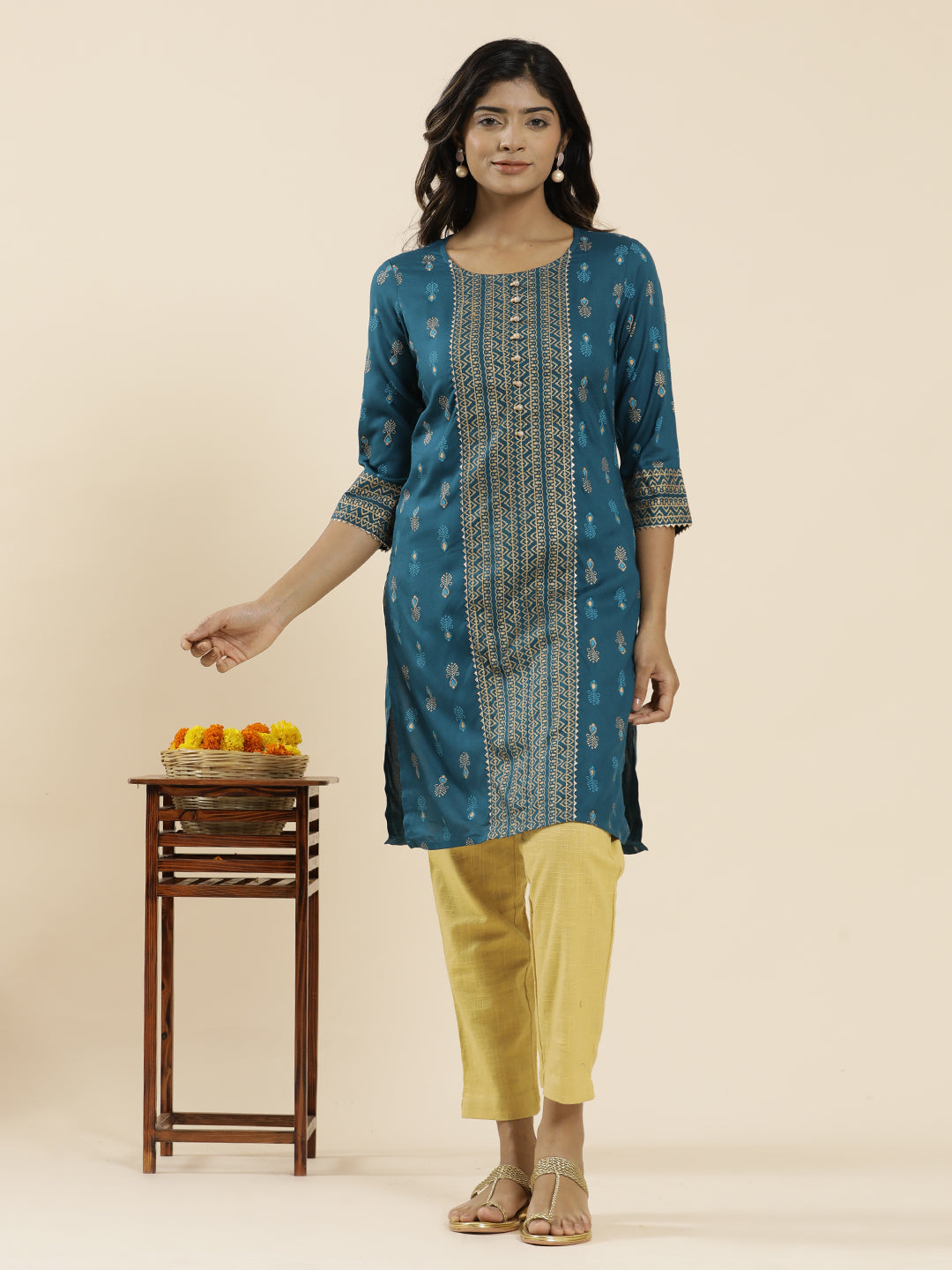 Teal Ethnic Printed Straight Kurta