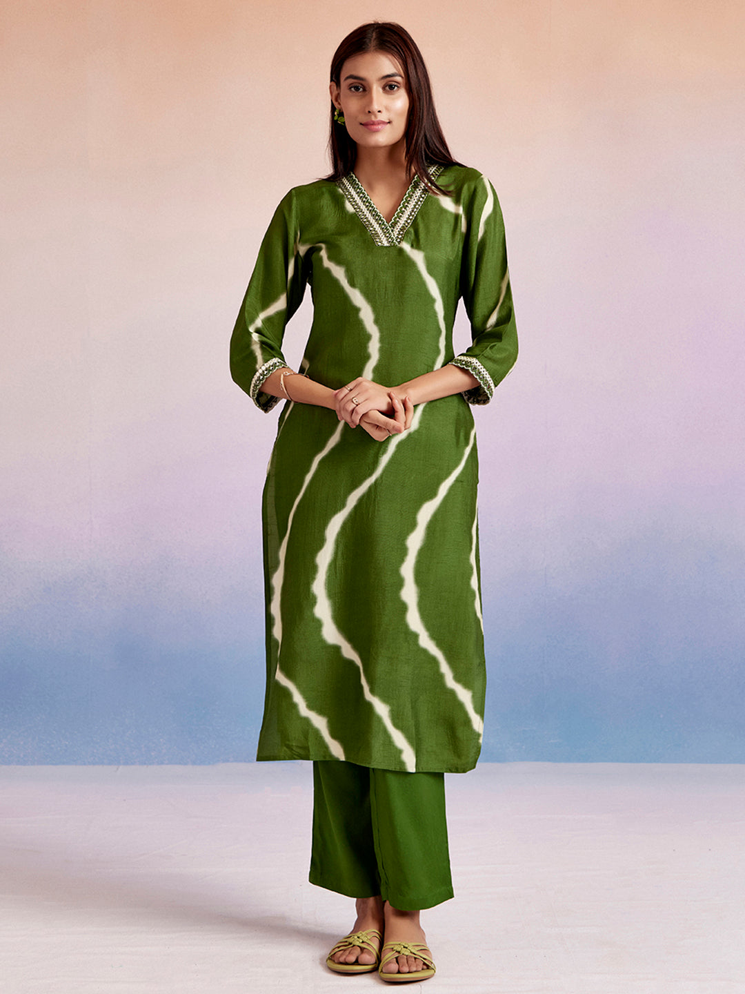 Olive Green Embroidered Leheriya Kurta Set