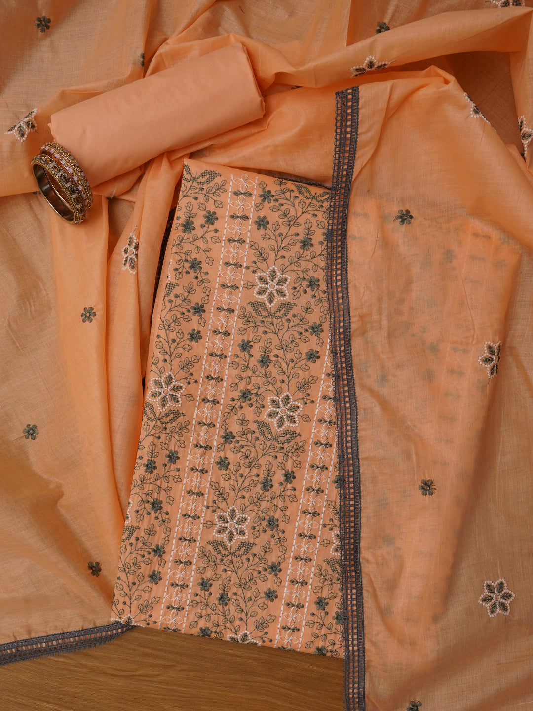 Peach Unstitched Embroidered Pure Cotton Dress Material With Dupatta