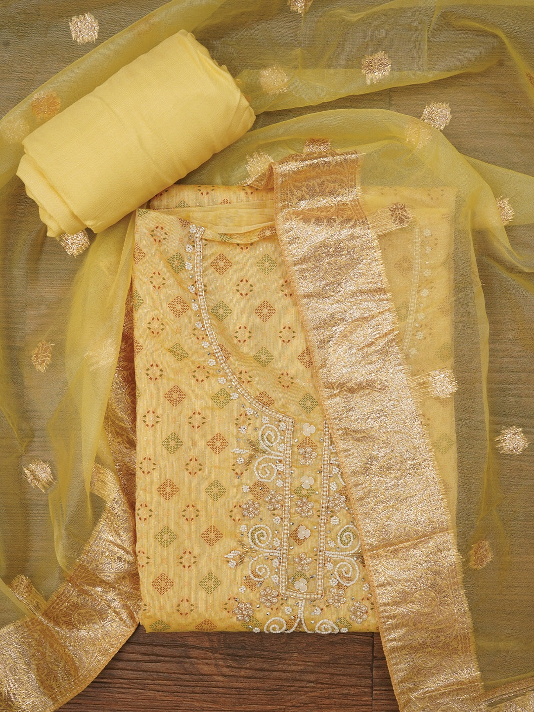 Light Green Unstitched Embellished Cotton Blend Dress Material with Dupatta