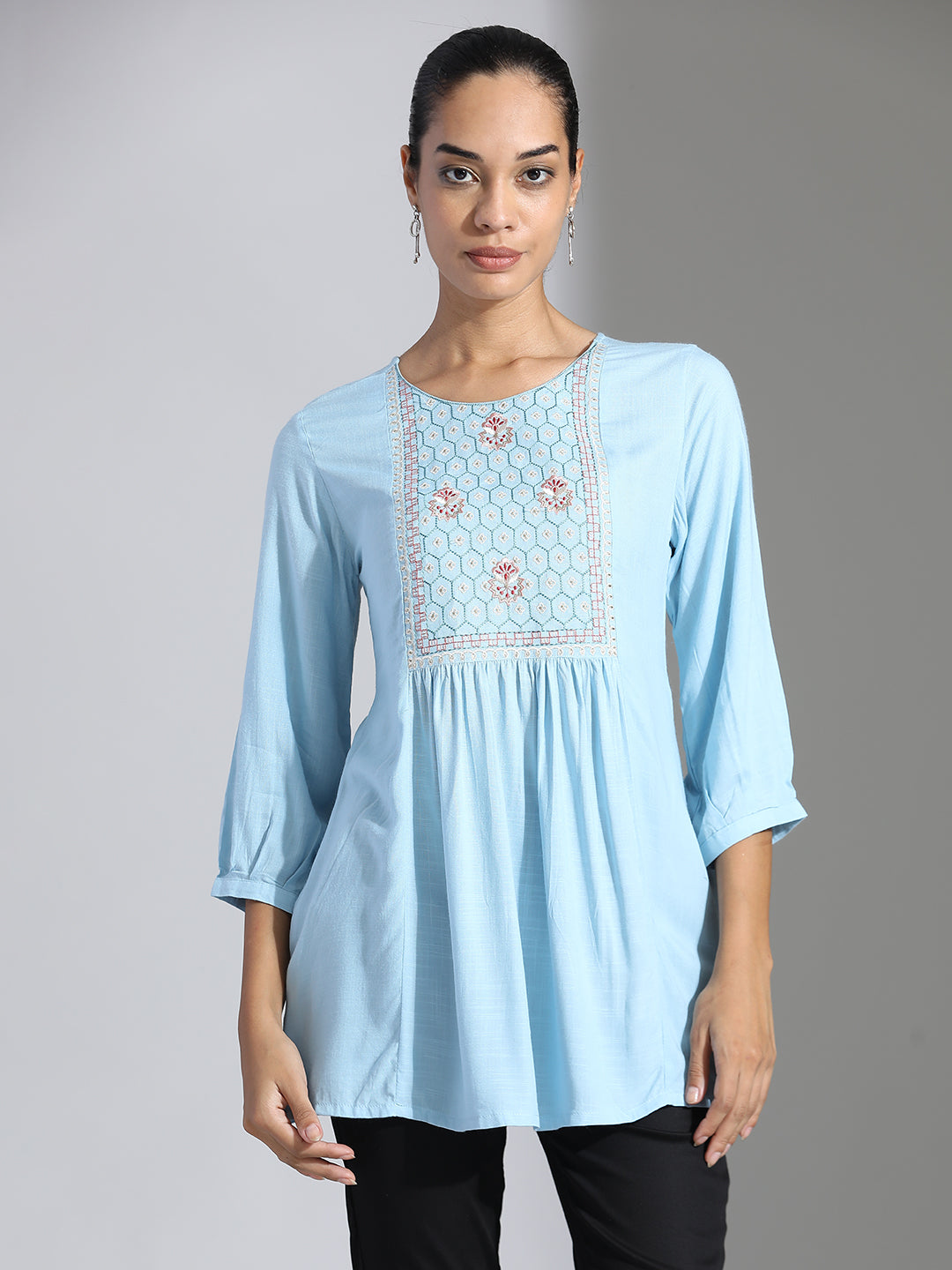 Light Blue Embroidered Party Wear A-line Top