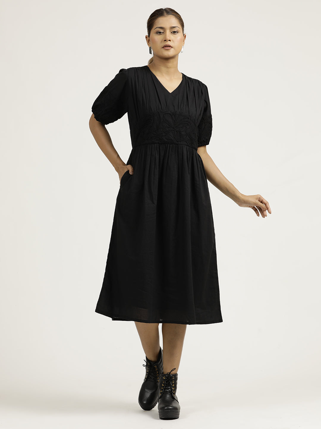 Black Dori Embroidered Gathered Cotton Dress