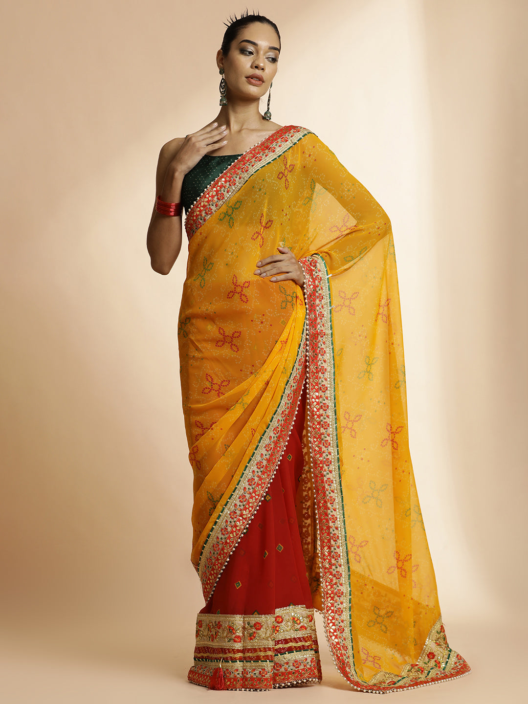 Yellow Festive Bandhani Embroidered Pure Georgette Saree