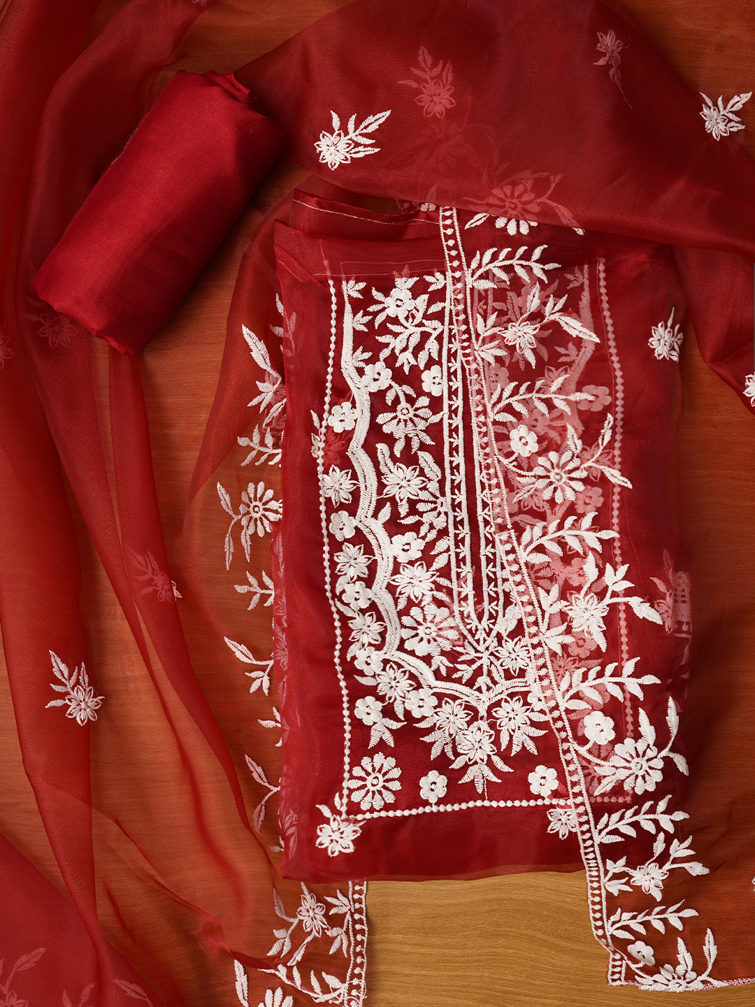 Red Thread Embroidered Organza Festive Dress Material with Dupatta