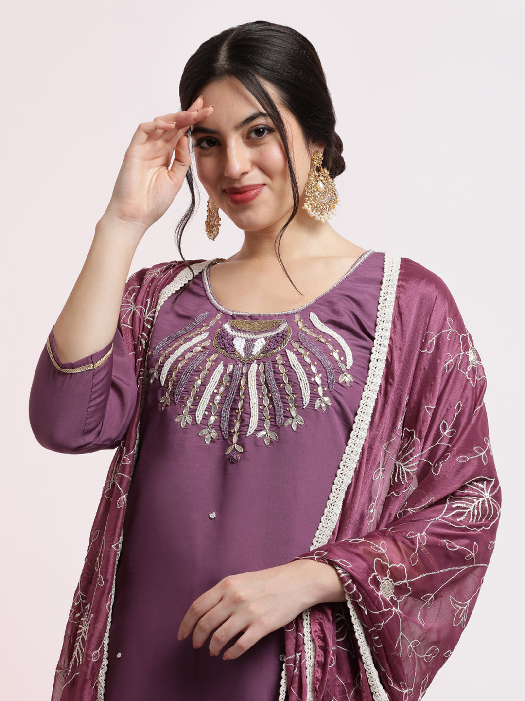 Purple Embroidered Cotton Festive Kurta Set With Dupatta