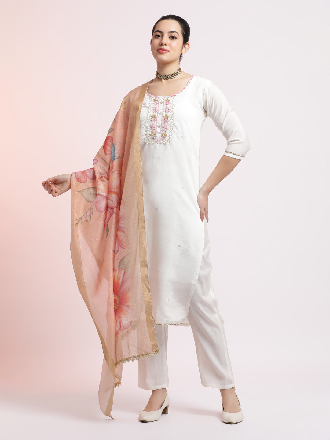 White Embroidered Cotton Festive Kurta Set With Dupatta