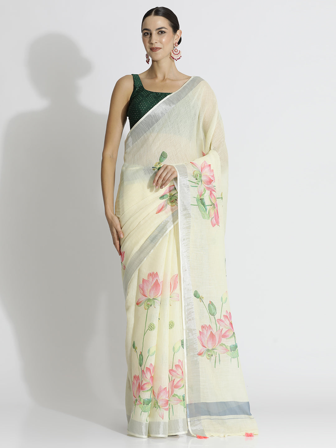 Lotus Floral Printed Daily Wear Pure Linen Saree