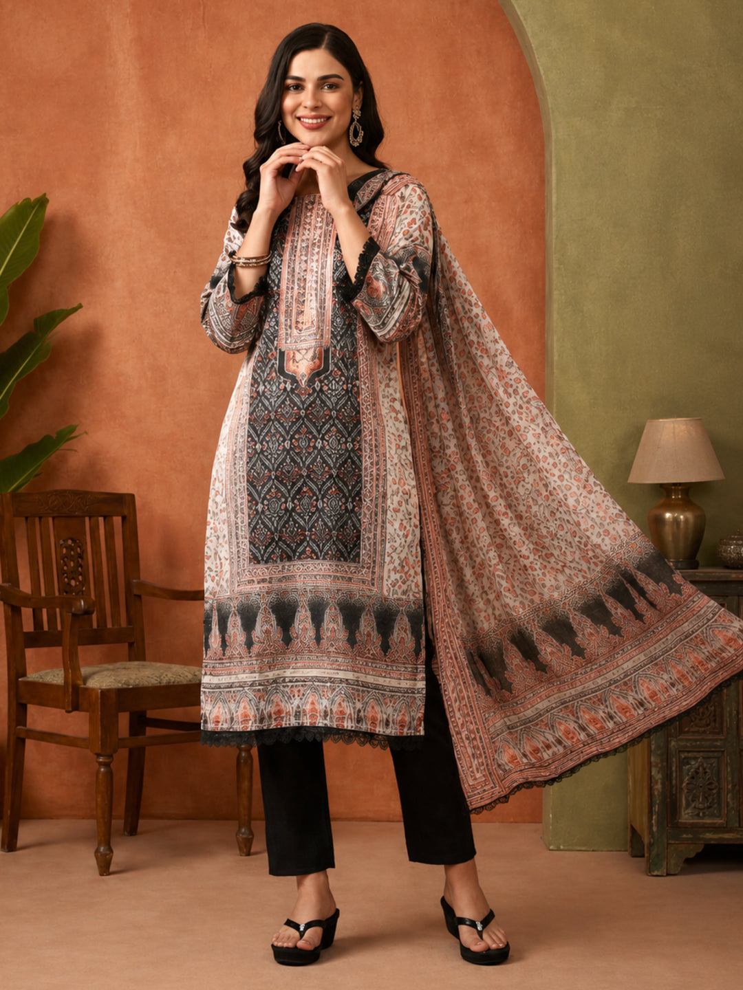 Floral Embroidered Straight Kurta & Trousers Sets