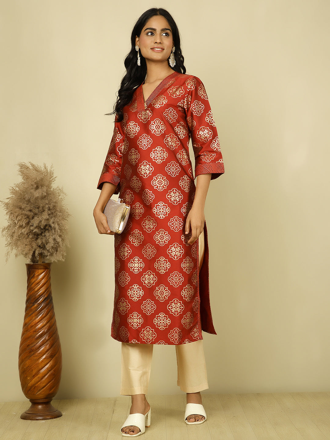 Red Ethnic Printed Straight Kurta