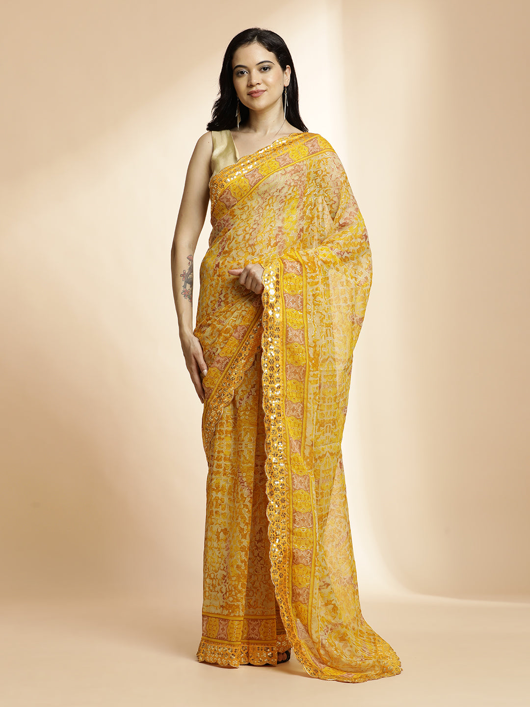 Sequin Embellished Tiger Printed Chiffon Saree