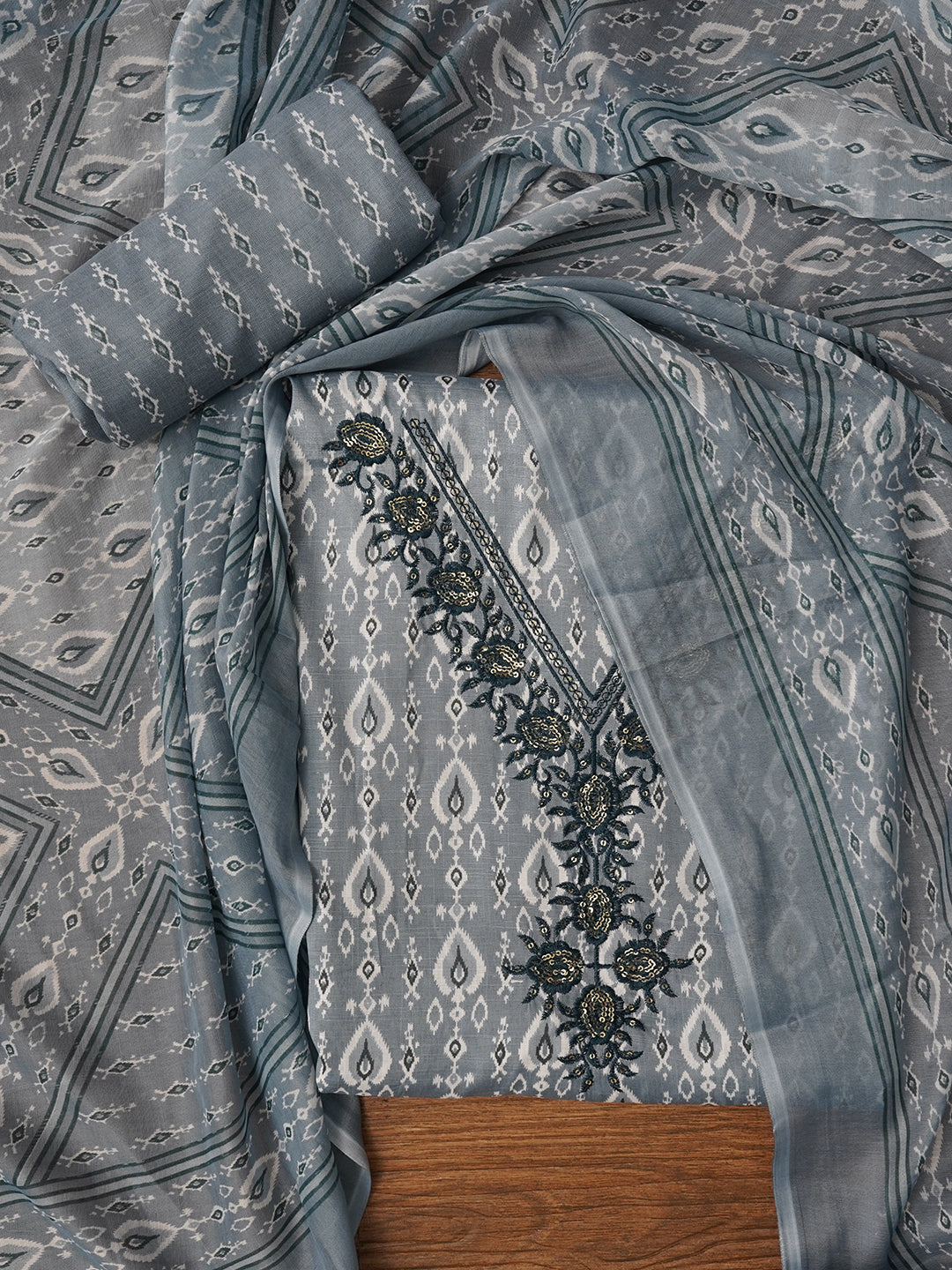 Teal Unstitched Printed Pure Cotton Dress Material With Dupatta