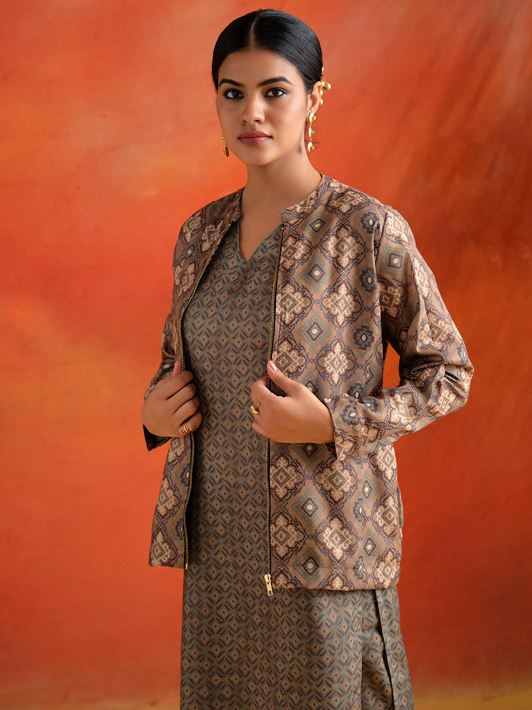 Olive Green Geometric Printed Kurta Set With Jacket Co-ord Set