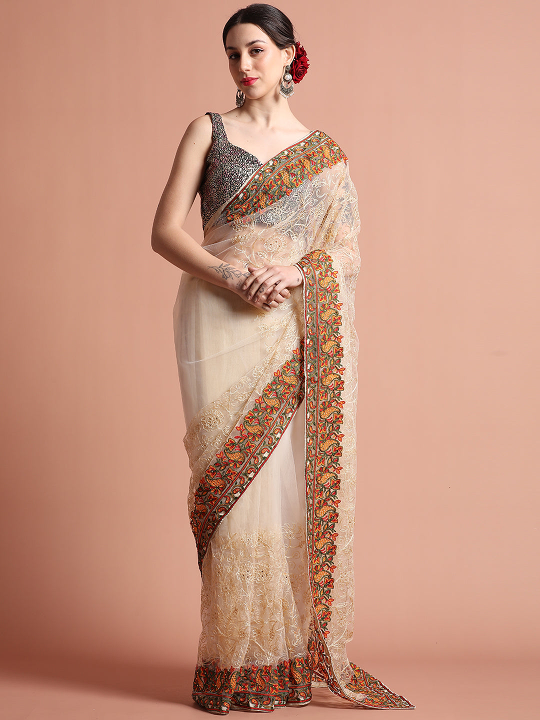 White Floral Embroidered Net Party Wear Saree