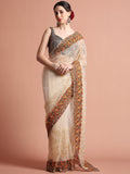 White Floral Embroidered Net Party Wear Saree