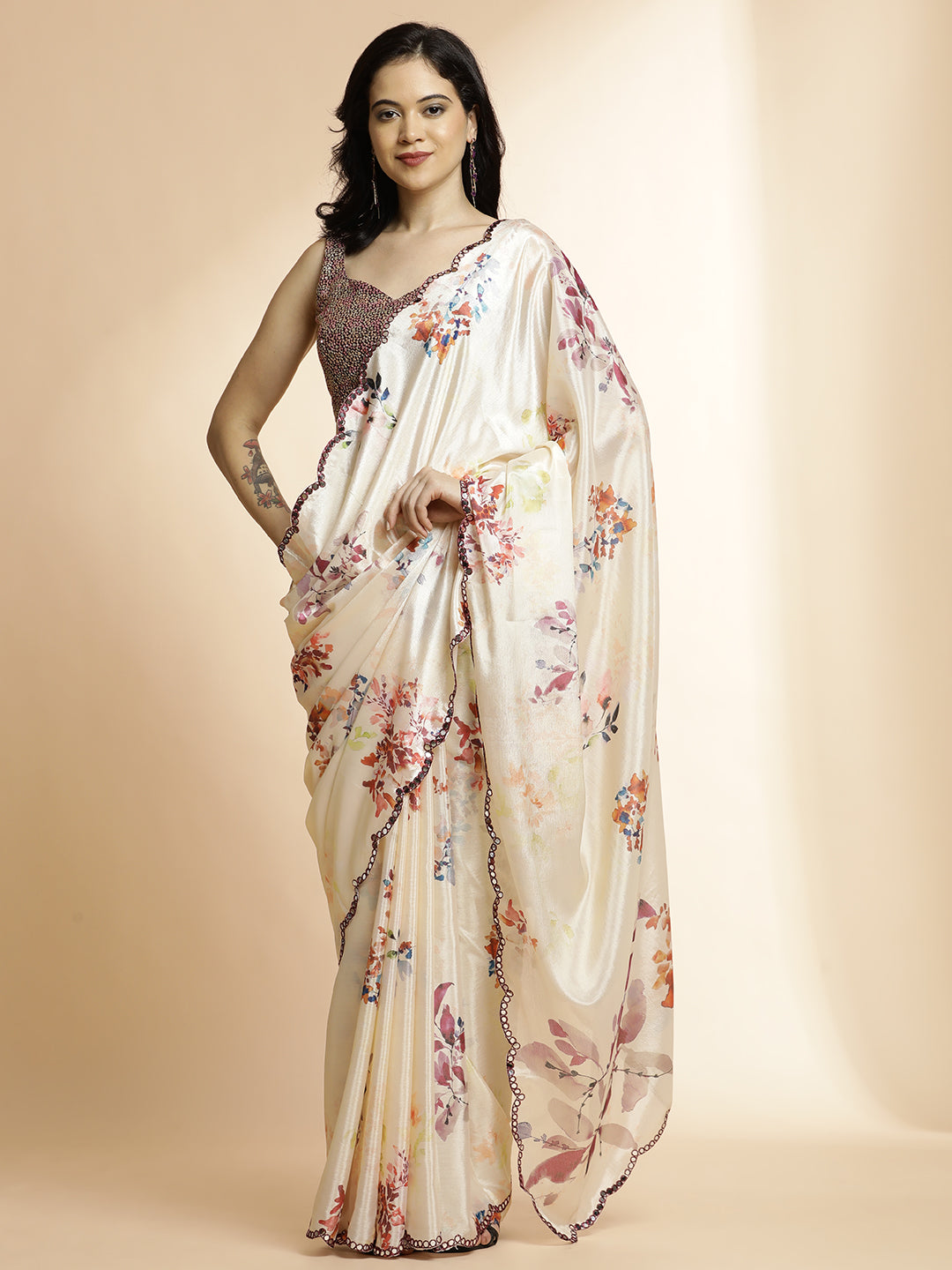 Cream Floral Printed Mirror Work Satin Saree