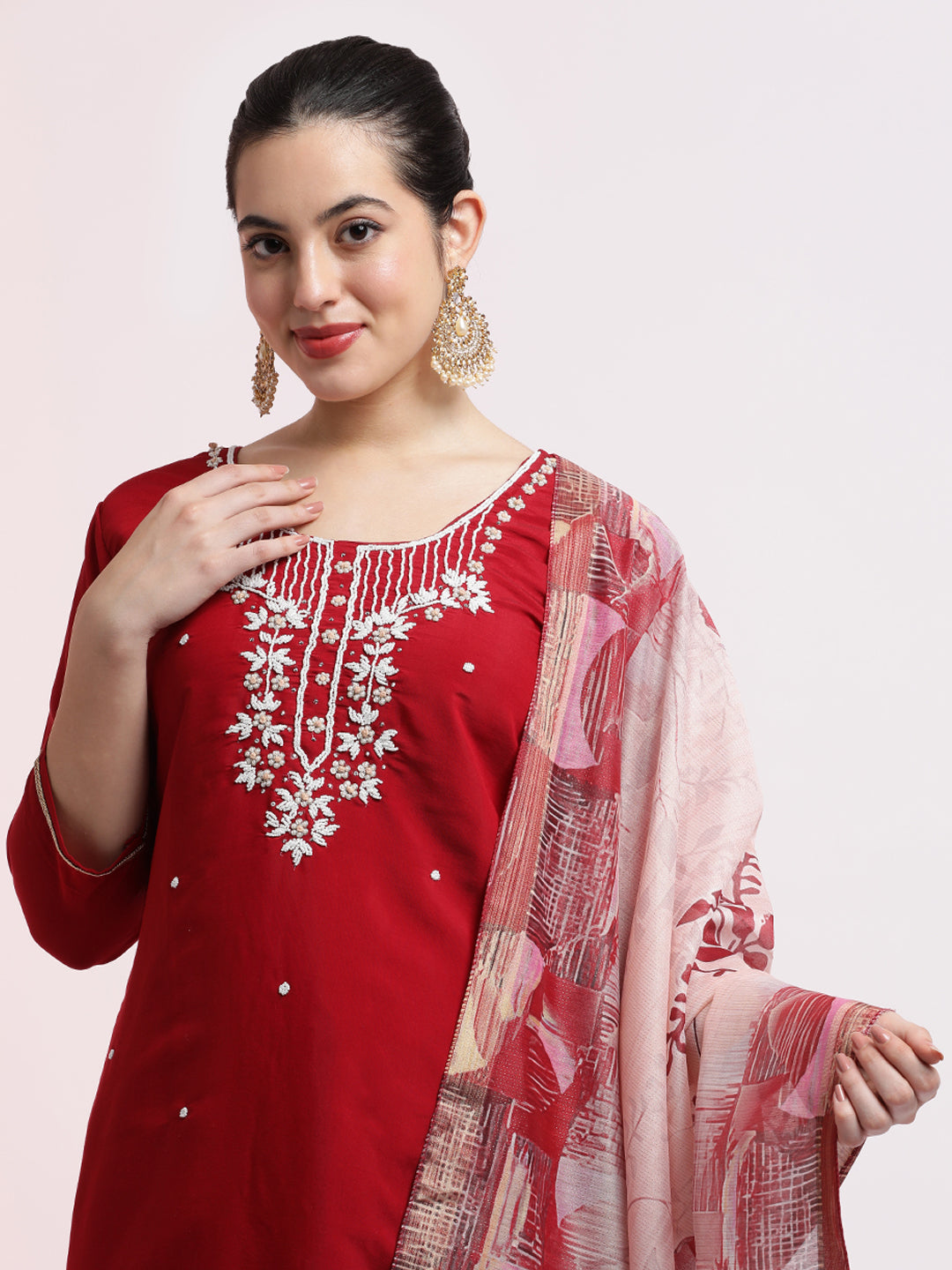 Red Embroidered Cotton Festive Kurta Set With Dupatta