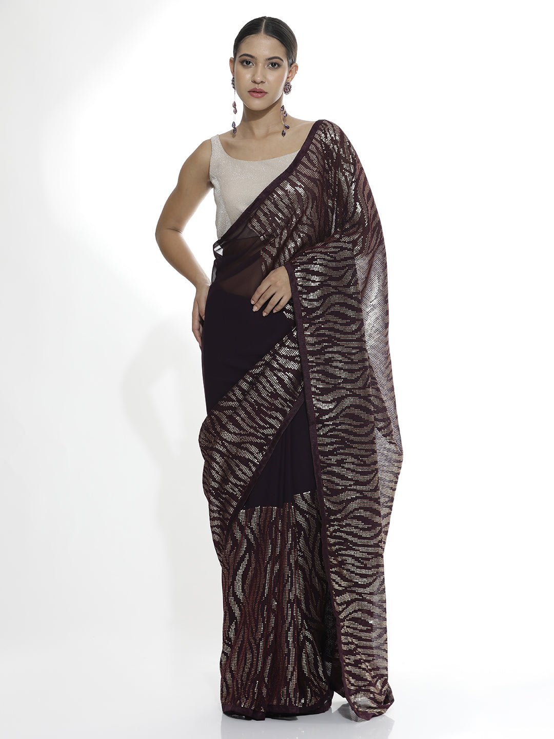 Pure Georgette Sequins Party Wear Wine Saree