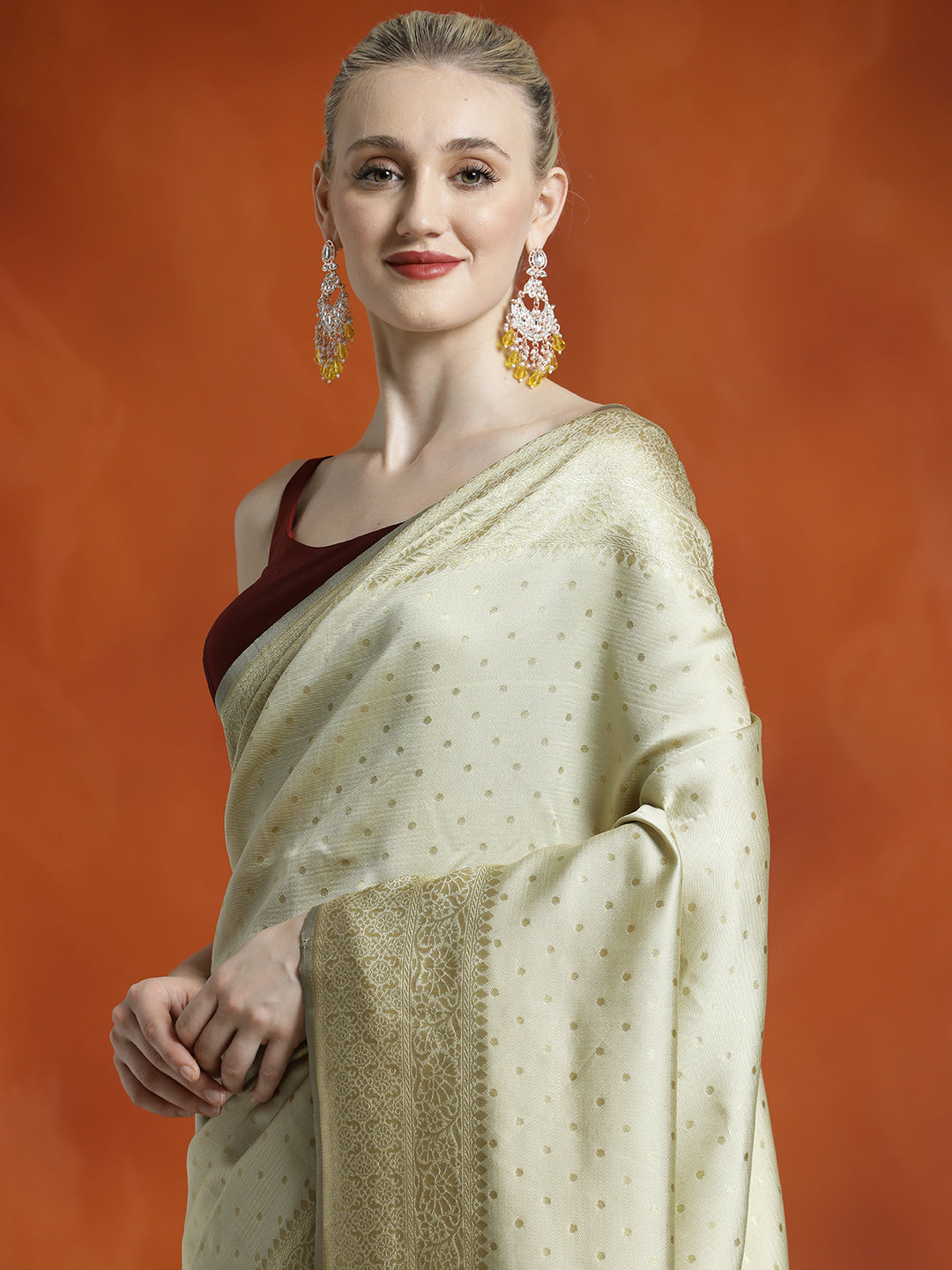 Beige Silk Banarasi Zari Woven Party Wear Saree