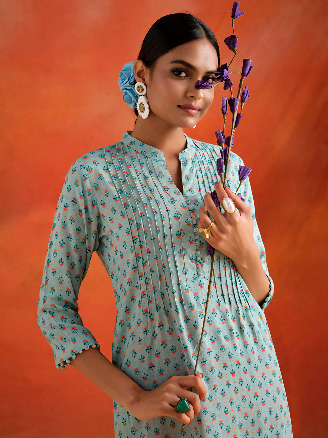 Blue Ethnic Motif Printed Straight Kurta