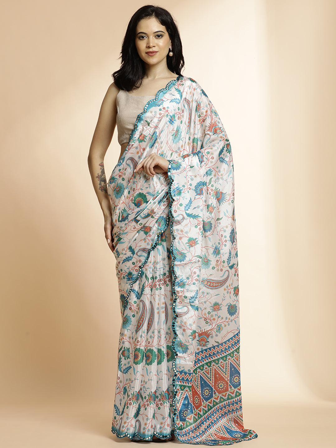 Multicolor Printed Mirror Work Satin Saree