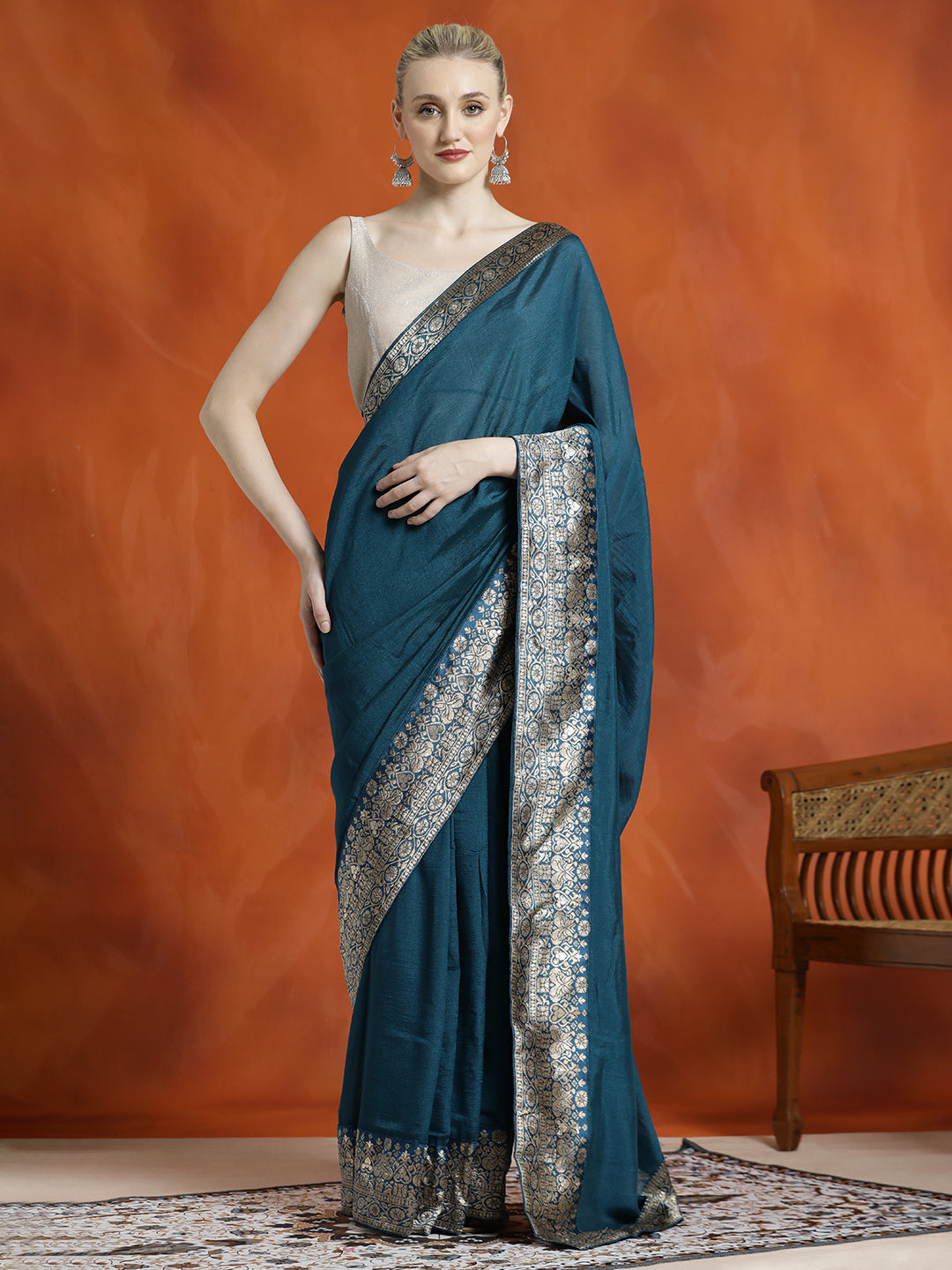 Teal Silk Blend Zari Woven Party Wear Saree