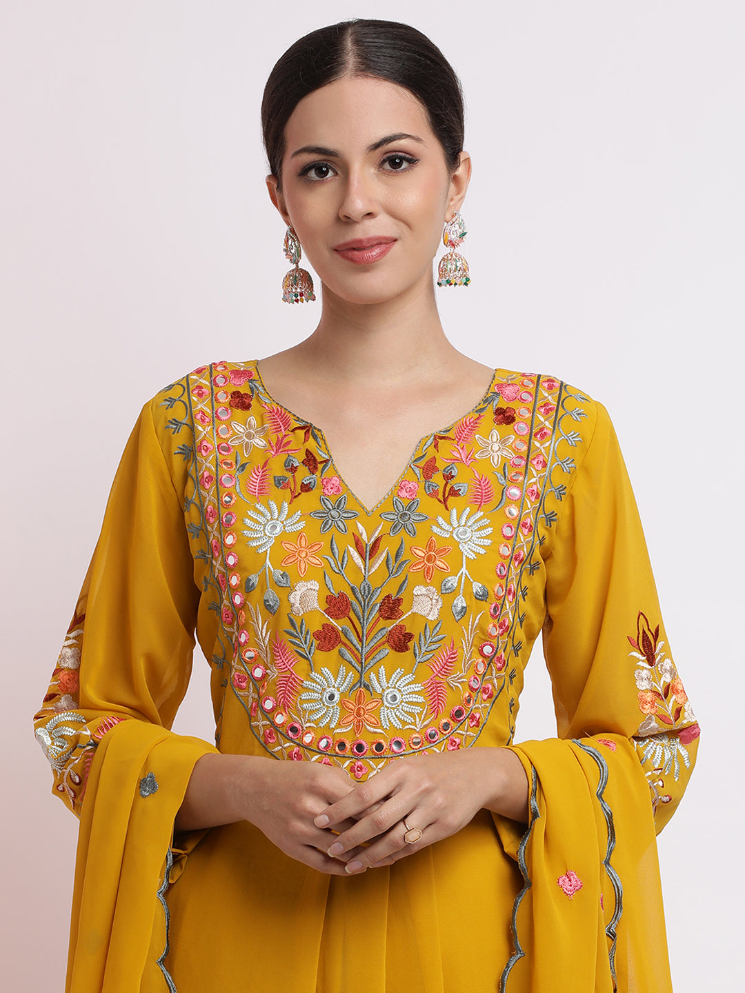 Yellow Thread Embroidered Georgette Kurta Set With Dupatta