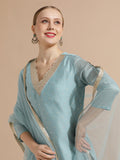 Sky Blue Chanderi Woven Festive Kurta Set With Dupatta
