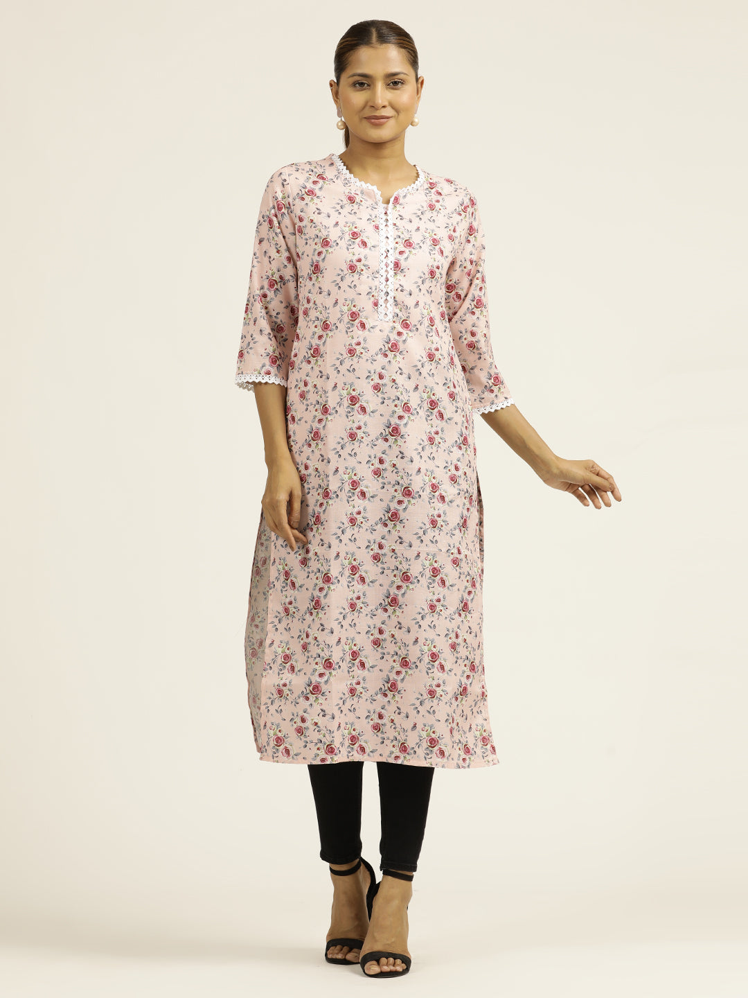 Light Pink Floral Printed Straight Kurta