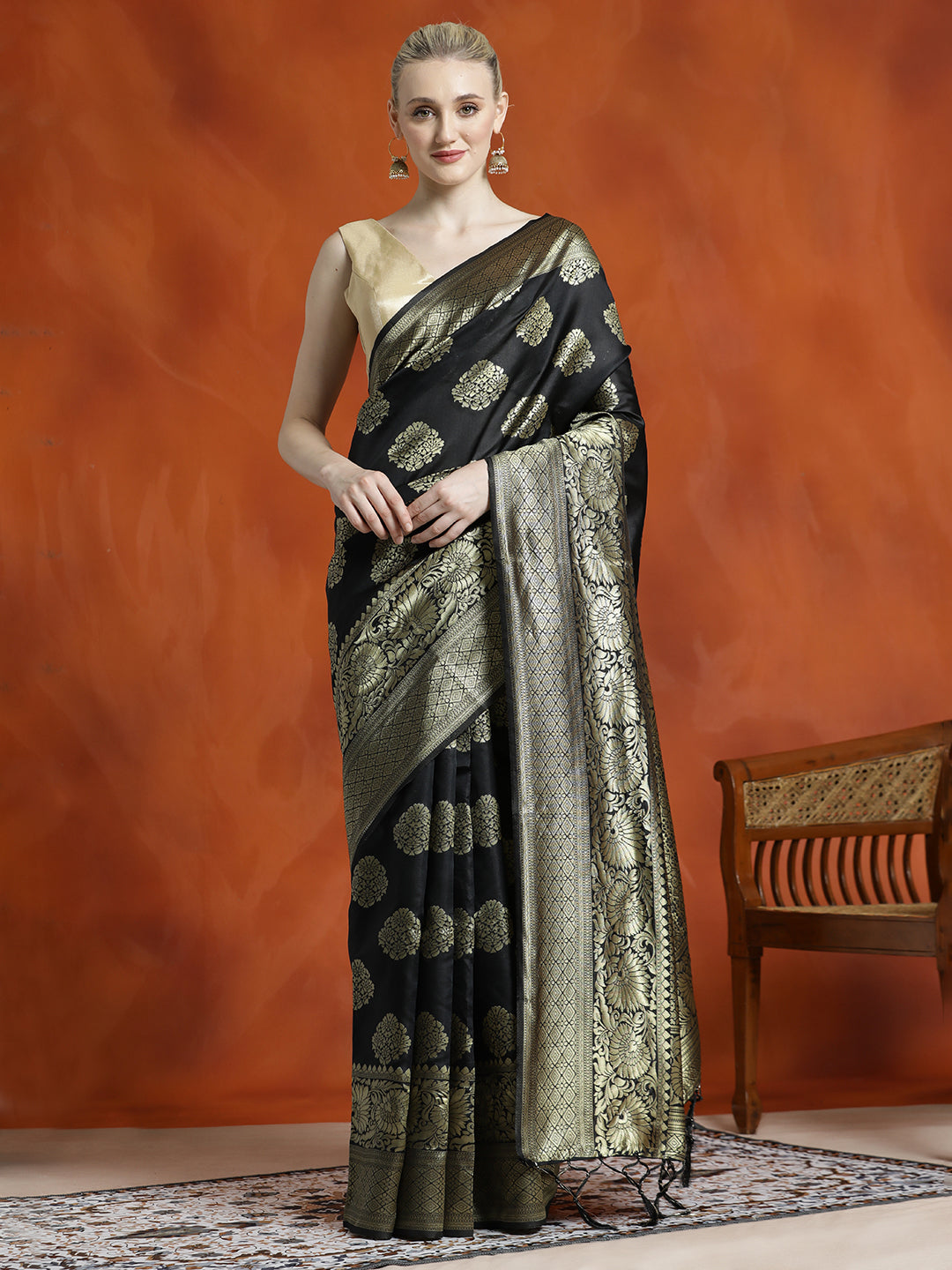 Silk Blend Zari Woven Design Black Banarasi Saree