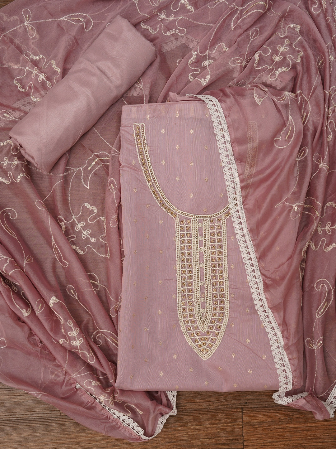 Light Purple Cotton Woven Design Embellished Dress Material with Dupatta