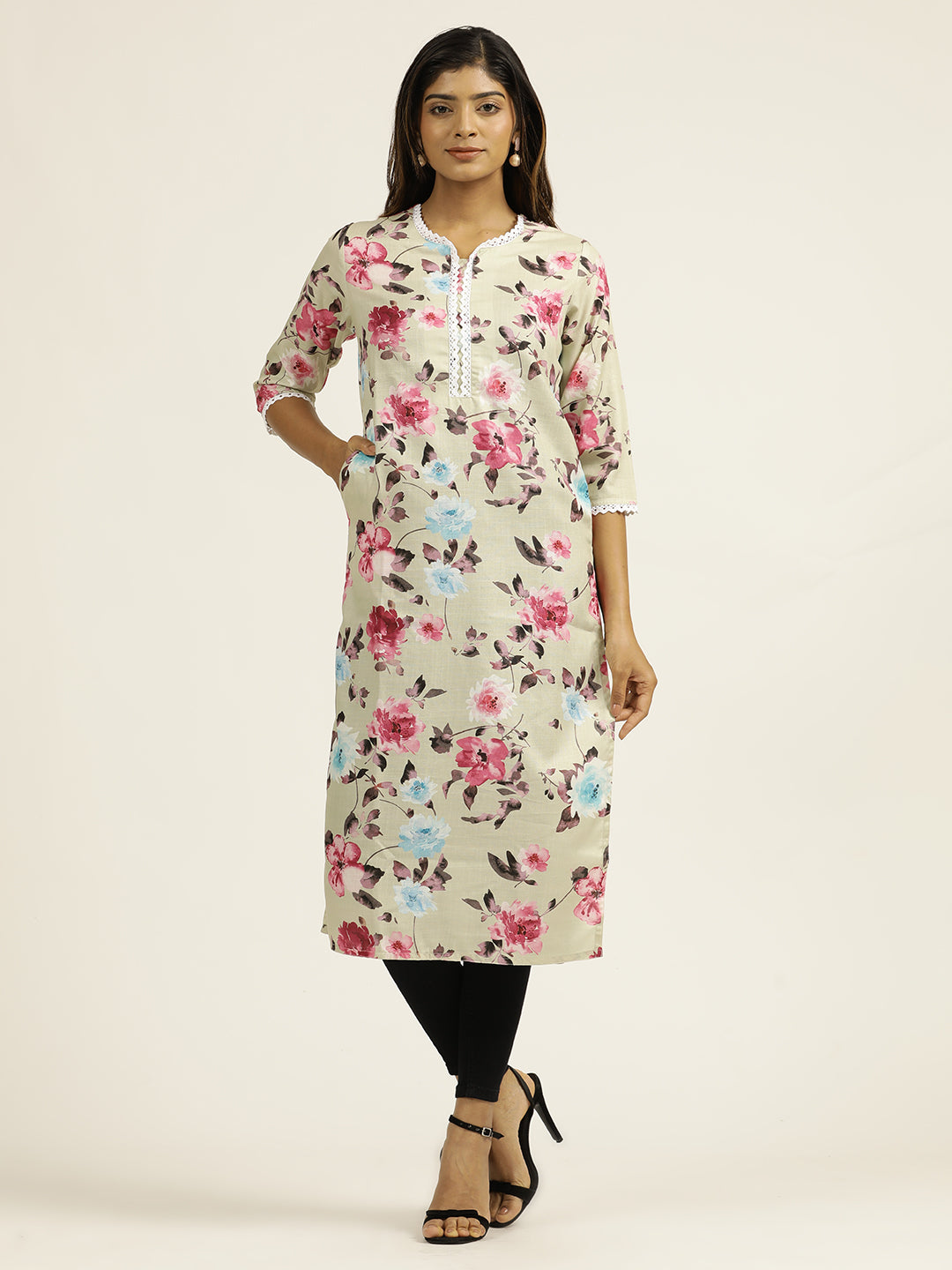 Light Green Floral Printed Straight Kurta