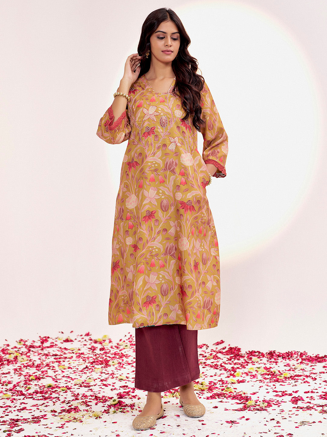 Mustard Botanical Printed A-line Kurta