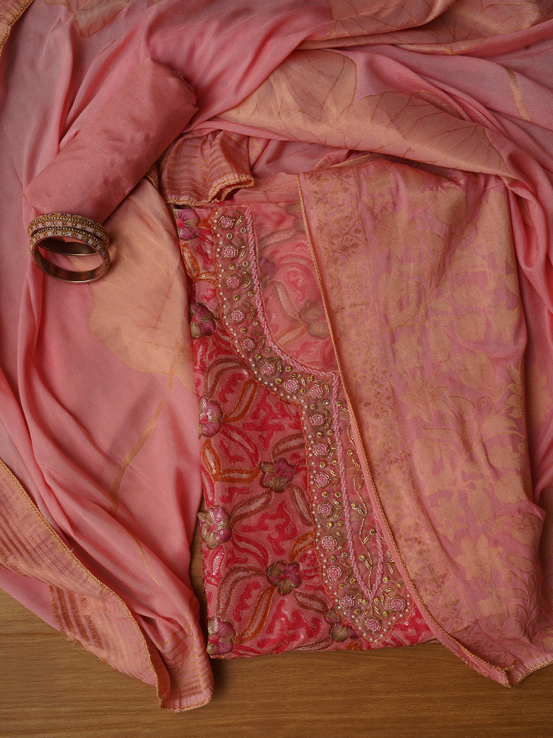 Pink Sequin Embellished Organza Printed Dress Material with Dupatta