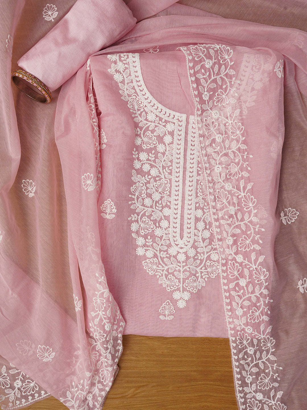 Baby Pink Unstitched Embroidered Cotton Blend Dress Material With Dupatta