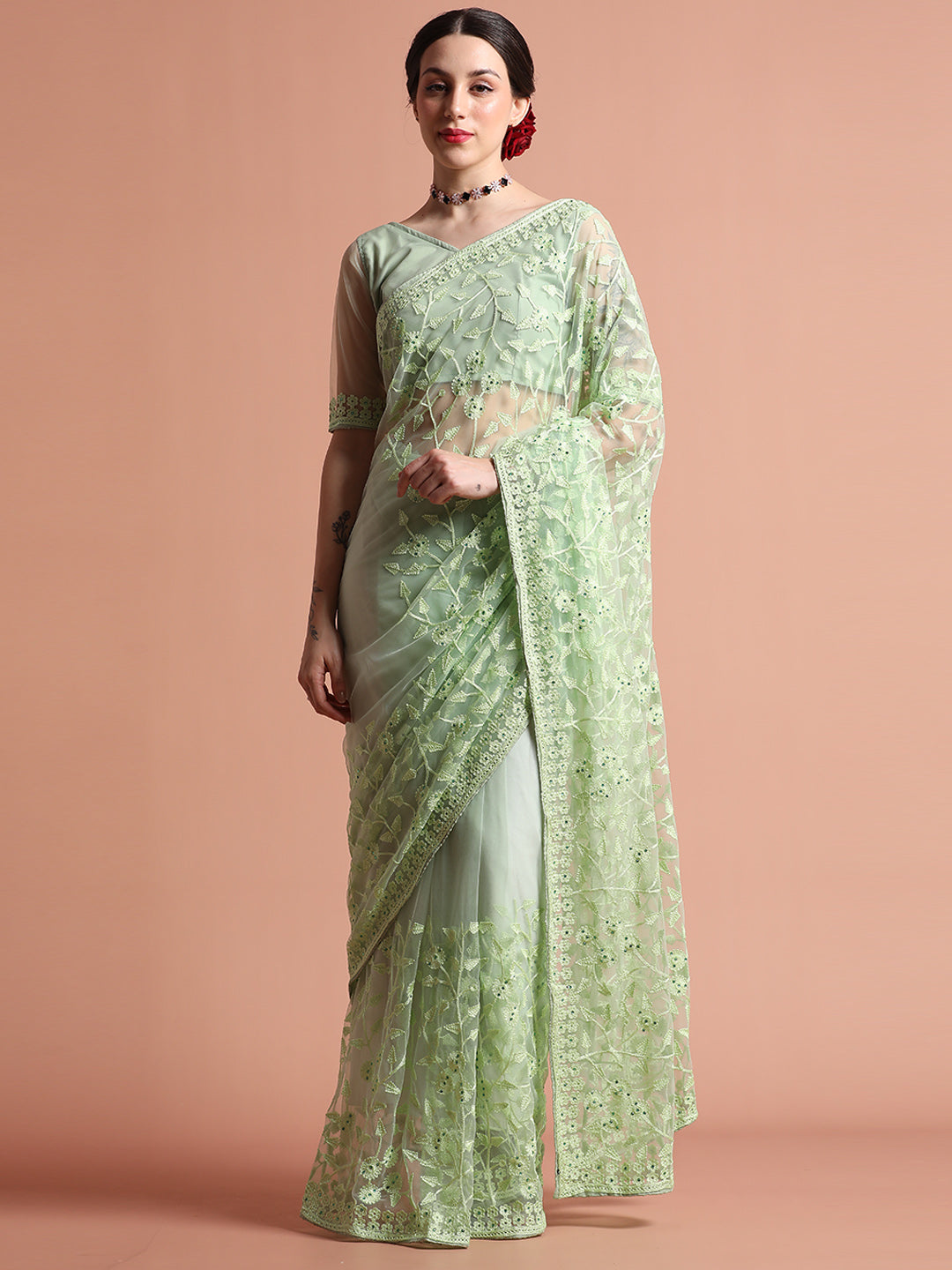 Party Wear Pista Green Floral Embroidered Net Saree